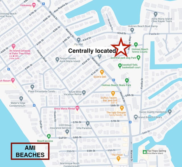 Located just steps from Holmes Beach boat launch and docks, tennis courts, basketball and baseball courts and a few bloc