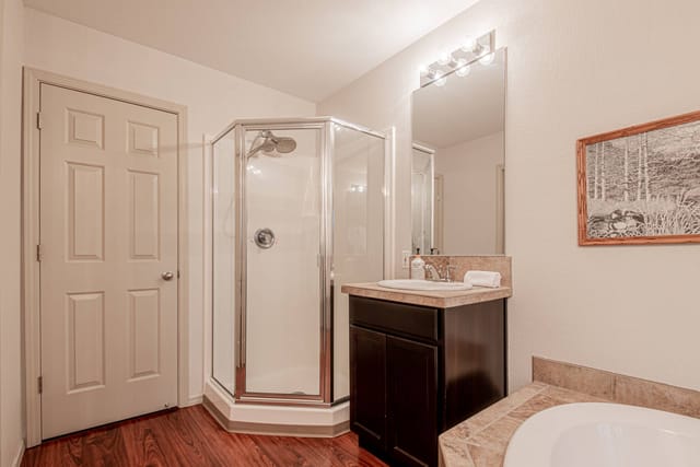 Master bathroom with soaking tub, walk-in shower, 1/2 bath, and walk-in closet
