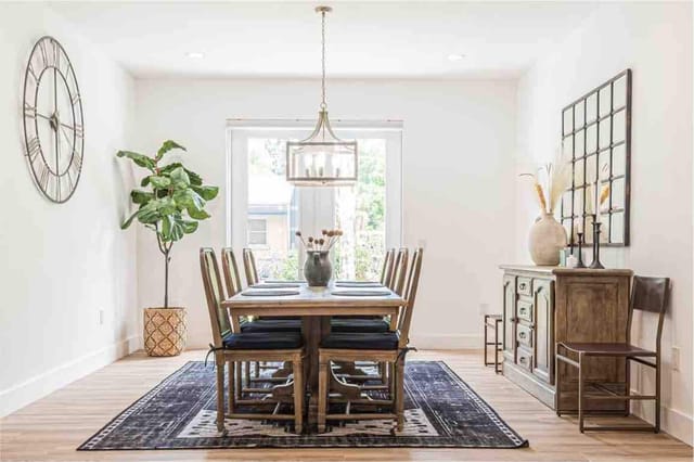 High quality rustic furnishing enhance the laid back experience at this home. This dining room is ready for all your bru