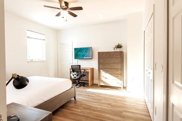 Master bedroom with queen bed, beautiful full bathroom, and space for all your things.