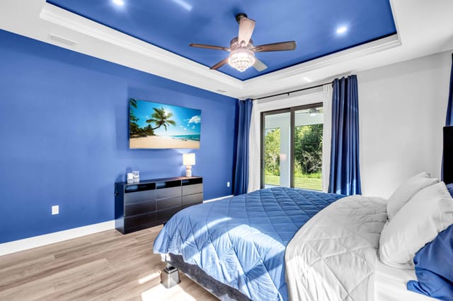 Lots of outdoor lighting with sliding patio doors with leather seating (Not pictured)