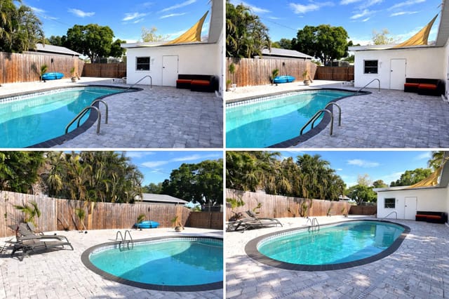 Private pool with sun loungers, and shaded sitting area, fully fenced for added privacy